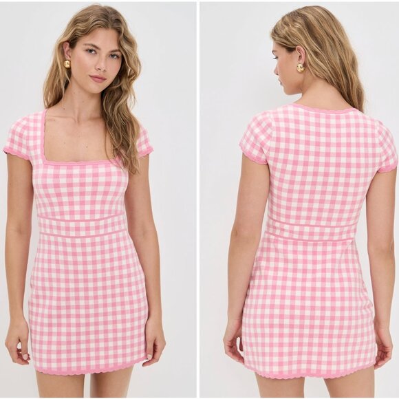 NWT LoveShackFancy Kellen Plaid Knit Mini Dress XSmall Pink Pearl Plaid - Picture 3 of 9